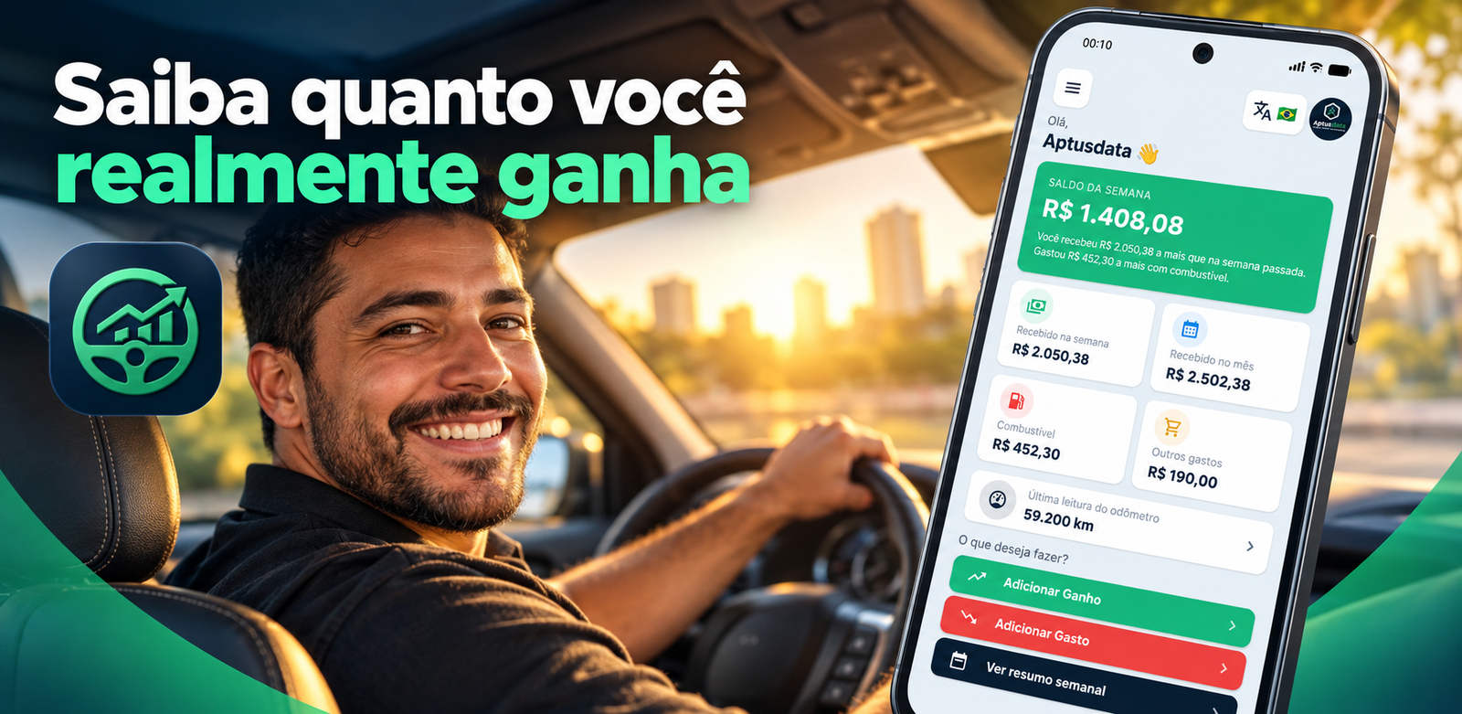 Motorista usando o DriveKeep com o saldo da semana na tela