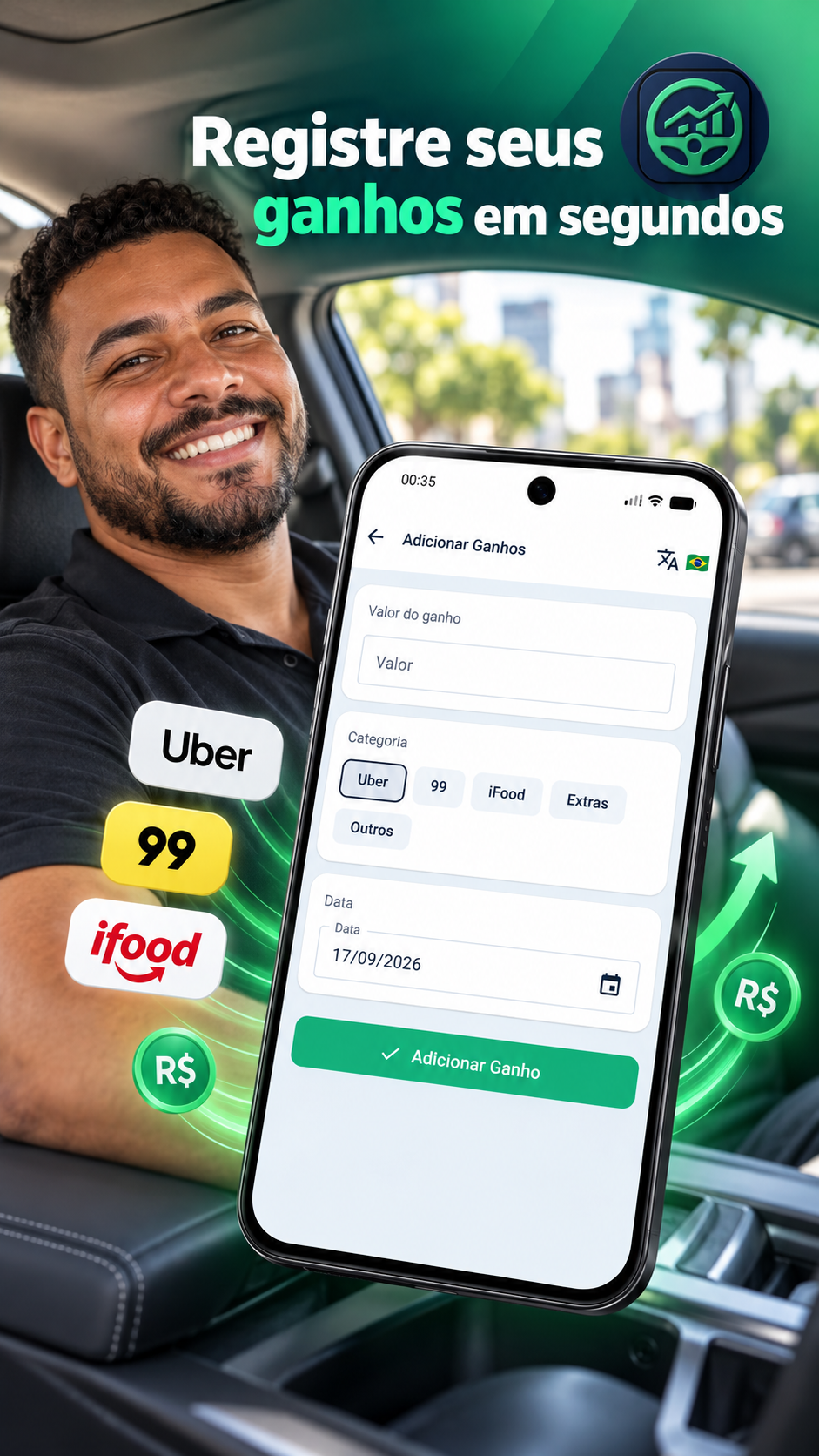Tela de adicionar ganhos com categorias Uber, 99 e iFood