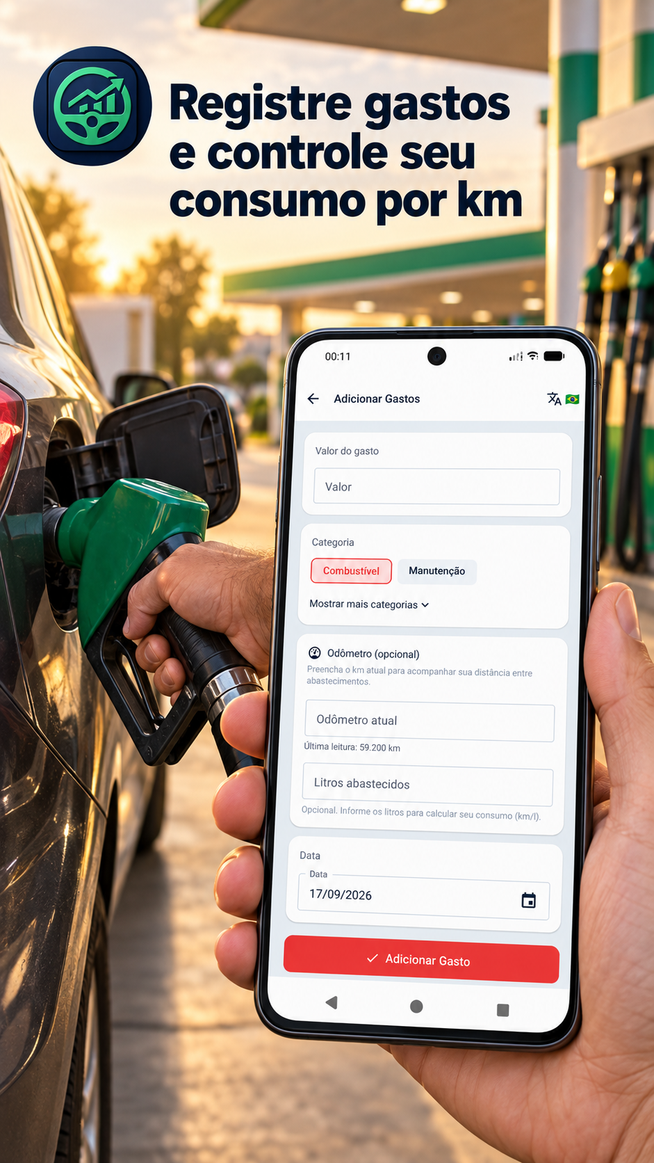 Tela de adicionar gastos com controle de odômetro e consumo