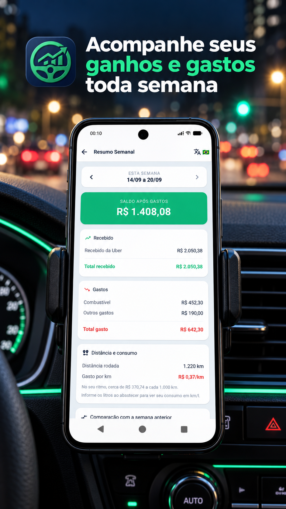 Resumo semanal com recebimentos, gastos e distância rodada