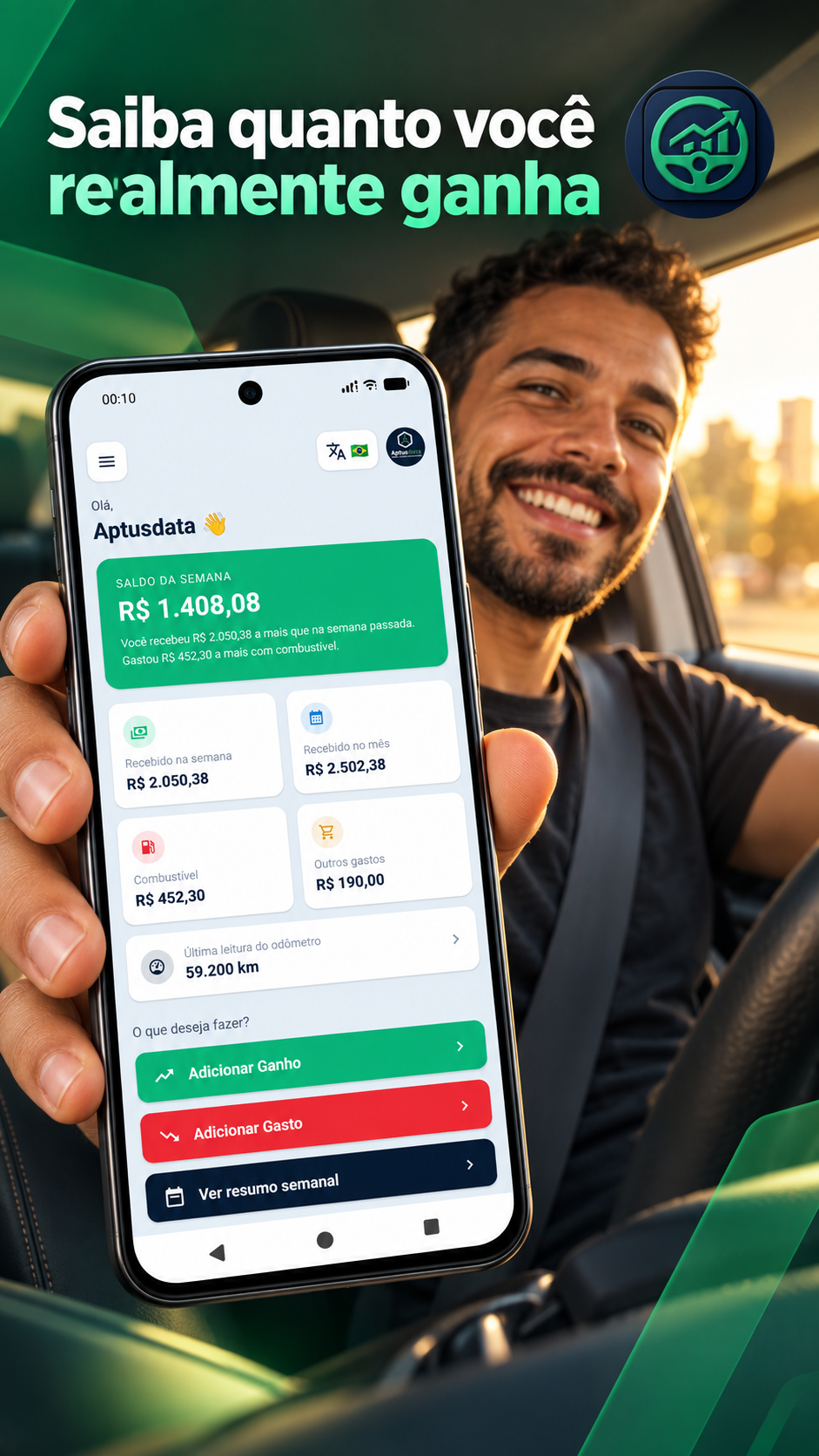 Tela inicial do DriveKeep com o saldo da semana